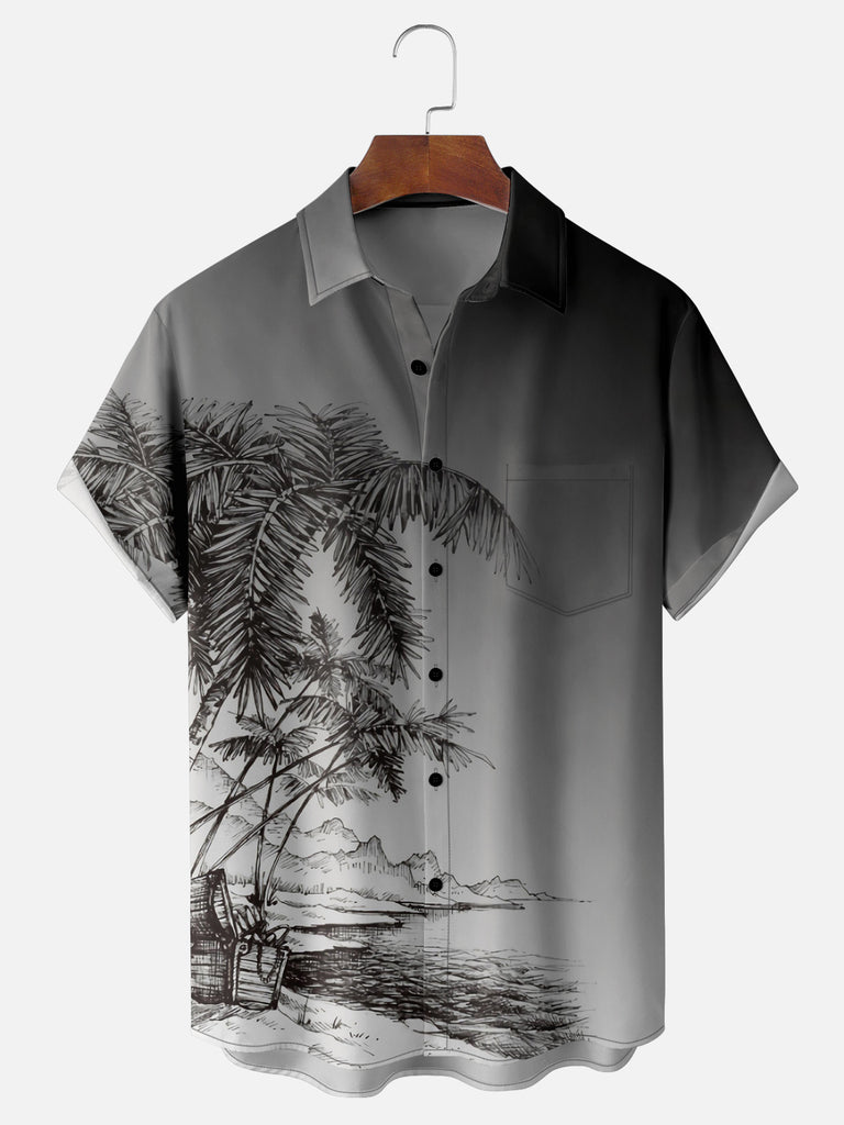 Men's Hand-drawn Beach and Palm Trees Short Sleeve ShirtMens short sleeve shirts Big and tall Mens shirts Short sleeve shirts for men Mens 4xl shirts Casual short sleeve shirts