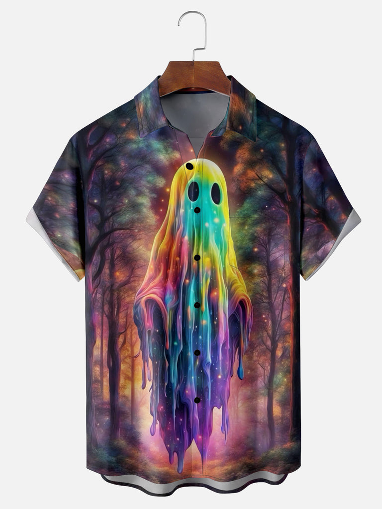 Men's Halloween Rainbow Ghost in a Forest Short Sleeve ShirtMens short sleeve shirts Big and tall Mens shirts Short sleeve shirts for men Mens 4xl shirts Casual short sleeve shirts