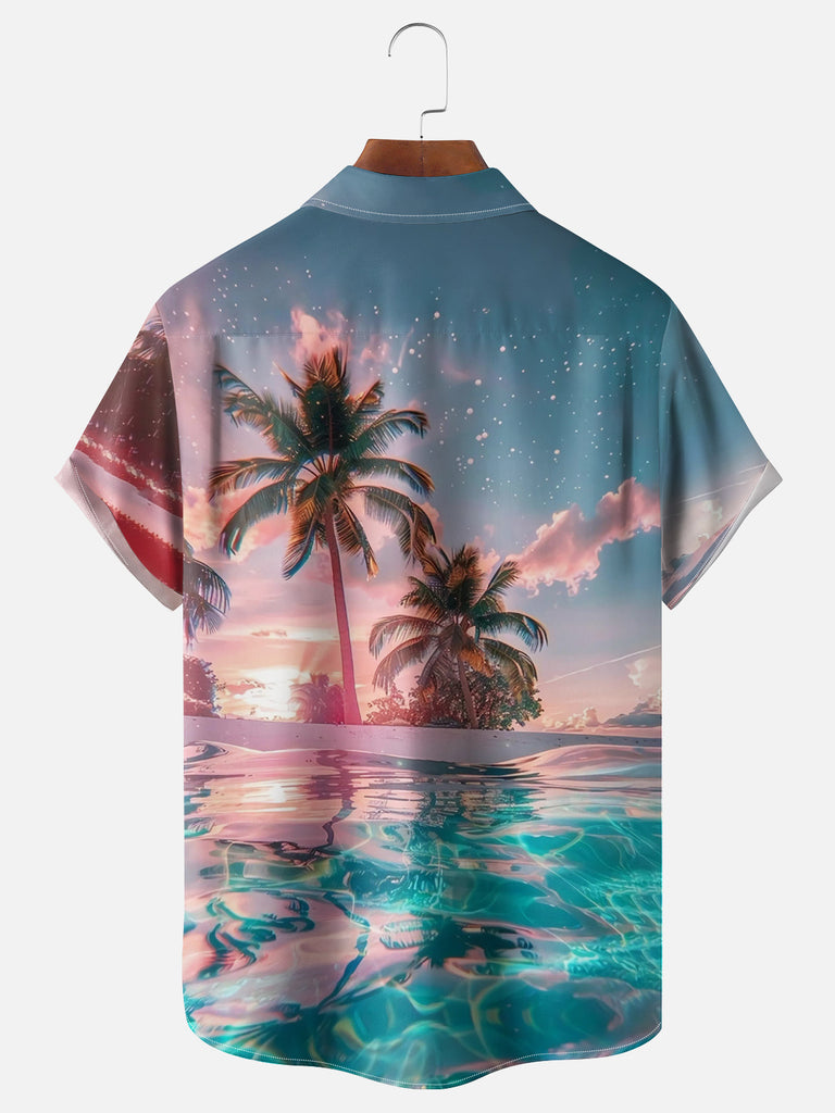 Serene Beach View Clear Ocean Waters Palm Trees Short Sleeve Shirt, mens short sleeve shirts£¬big and tall mens shirts£¬short sleeve shirts for men£¬mens 4xl shirts£¬casual short sleeve shirts