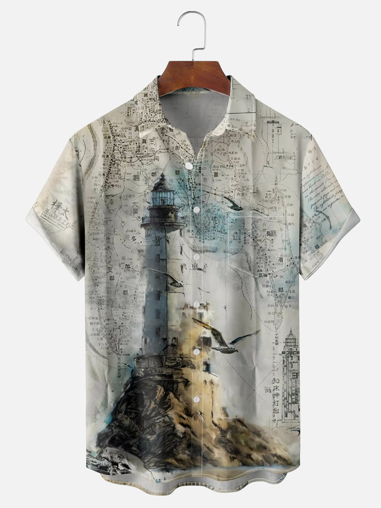 Men's Painted Lighthouse with Seagulls Short Sleeve ShirtMens short sleeve shirts Big and tall Mens shirts Short sleeve shirts for men Mens 4xl shirts Casual short sleeve shirts