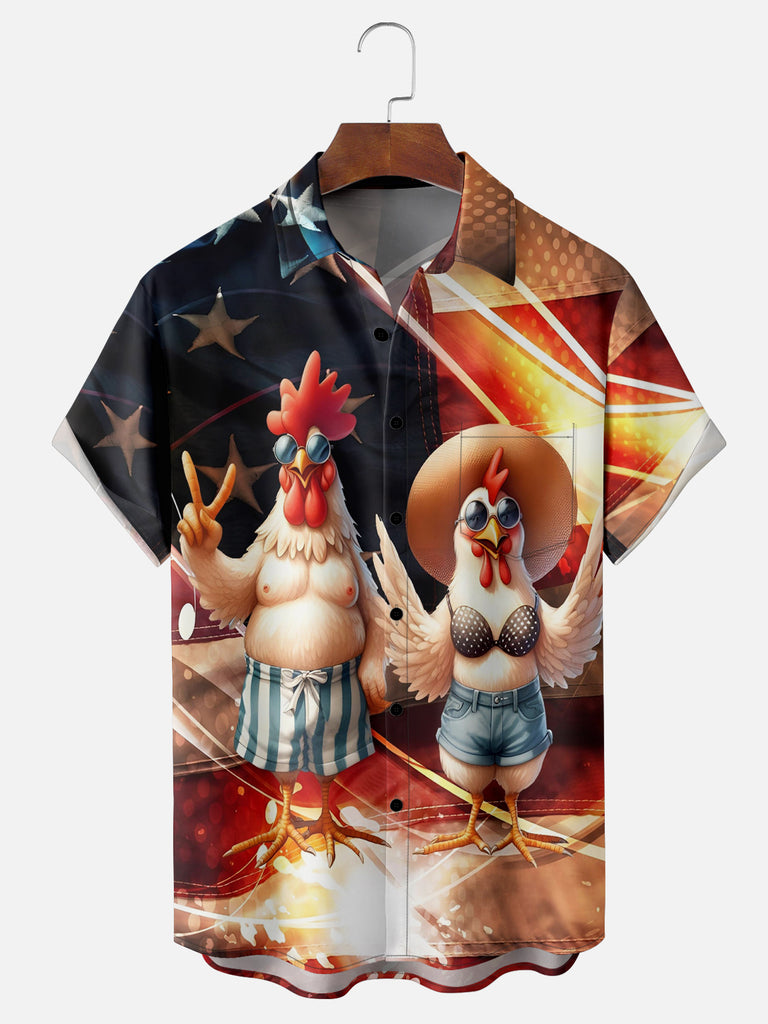 Men's Funny Chicken and Rooster American Flag Short Sleeve ShirtMens short sleeve shirts Big and tall Mens shirts Short sleeve shirts for men Mens 4xl shirts Casual short sleeve shirts