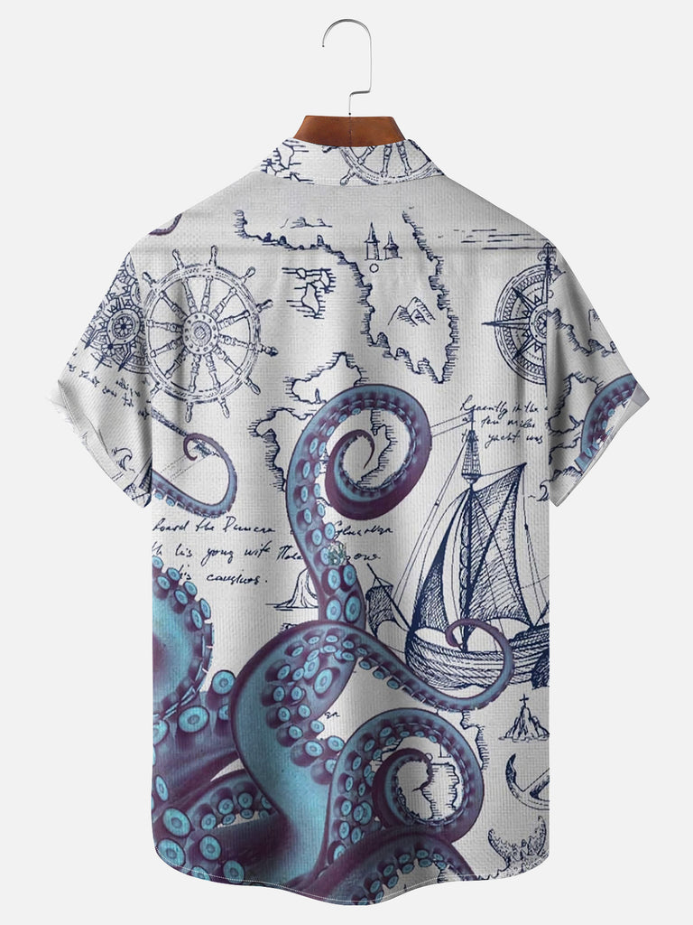 Octopus Tentacles Ships Compass Maps Short Sleeve Shirt, mens short sleeve shirts£¬big and tall mens shirts£¬short sleeve shirts for men£¬mens 4xl shirts£¬casual short sleeve shirts