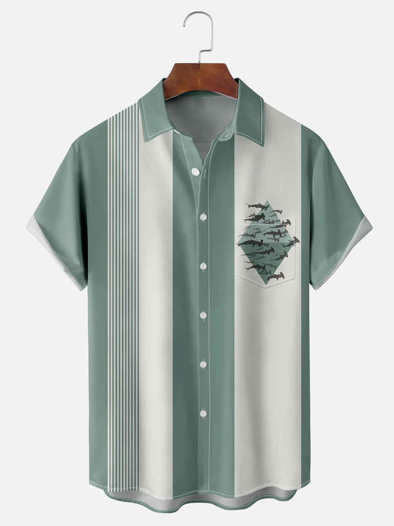 Men's Sharks Chest Badge Striped Bowling Short Sleeve ShirtMens short sleeve shirts Big and tall Mens shirts Short sleeve shirts for men Mens 4xl shirts Casual short sleeve shirts