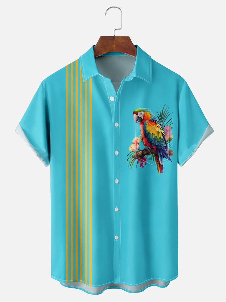 Parrot Perched on a Floral Branch Striped Short Sleeve Shirt, mens short sleeve shirts£¬big and tall mens shirts£¬short sleeve shirts for men£¬mens 4xl shirts£¬casual short sleeve shirts