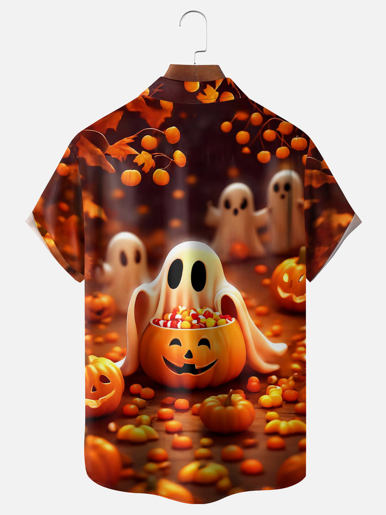 Men's Halloween Cute Trick or Treat Ghost Collecting Candy Short Sleeve ShirtMens short sleeve shirts Big and tall Mens shirts Short sleeve shirts for men Mens 4xl shirts Casual short sleeve shirts