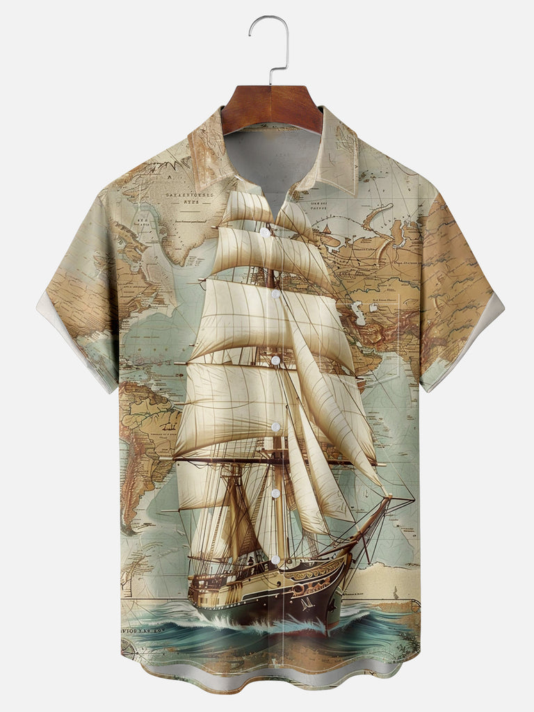 Men's Old Sail Ship on Map Short Sleeve ShirtMens short sleeve shirts Big and tall Mens shirts Short sleeve shirts for men Mens 4xl shirts Casual short sleeve shirts