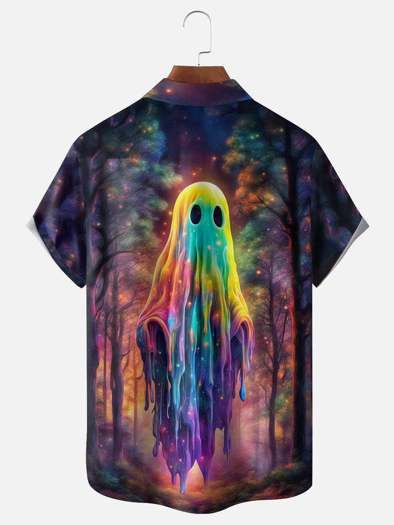 Men's Halloween Rainbow Ghost in a Forest Short Sleeve ShirtMens short sleeve shirts Big and tall Mens shirts Short sleeve shirts for men Mens 4xl shirts Casual short sleeve shirts