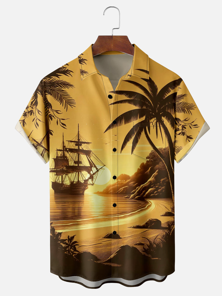 Men's Ship in the Distance from the Beach with Palm Trees Short Sleeve ShirtMens short sleeve shirts Big and tall Mens shirts Short sleeve shirts for men Mens 4xl shirts Casual short sleeve shirts