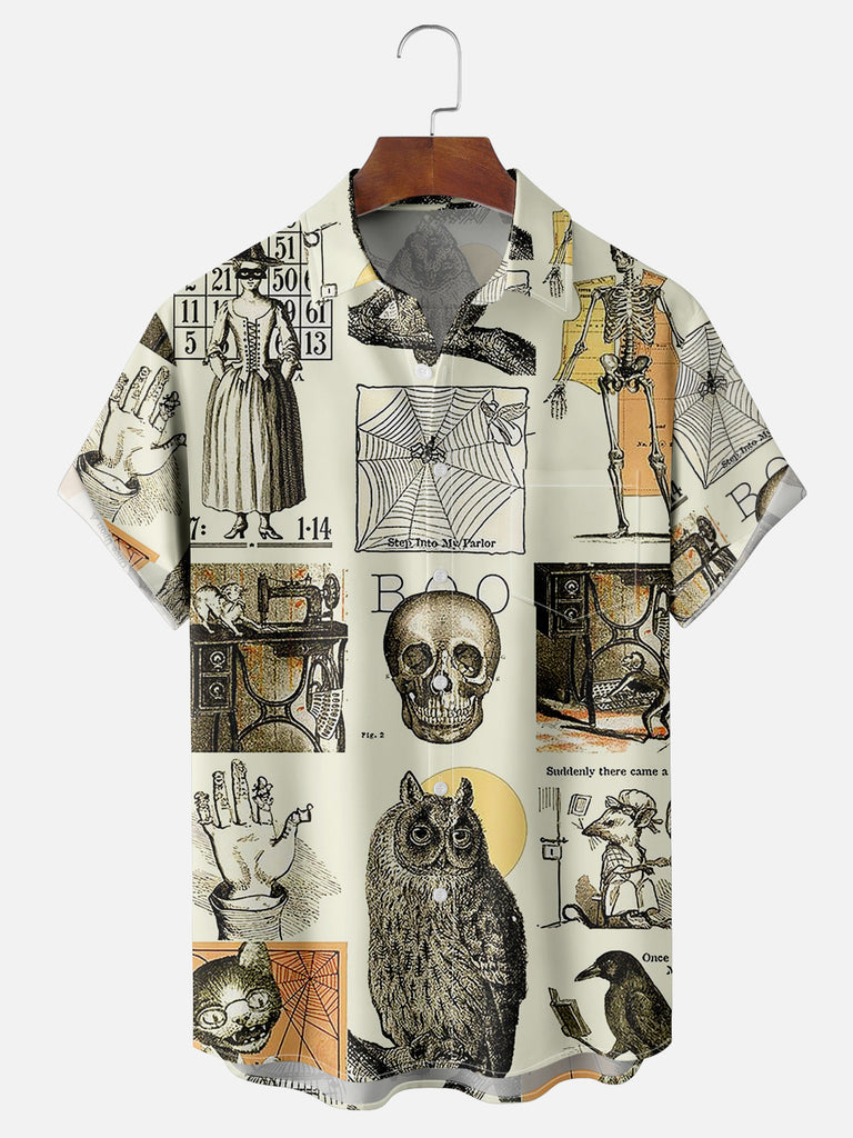 Men's Retro Halloween Elements Skull Owl Crow Short Sleeve ShirtMens short sleeve shirts Big and tall Mens shirts Short sleeve shirts for men Mens 4xl shirts Casual short sleeve shirts