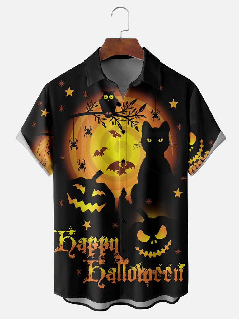 Men's Happy Halloween Pumpkins Cats and Owl Short Sleeve ShirtMens short sleeve shirts Big and tall Mens shirts Short sleeve shirts for men Mens 4xl shirts Casual short sleeve shirts