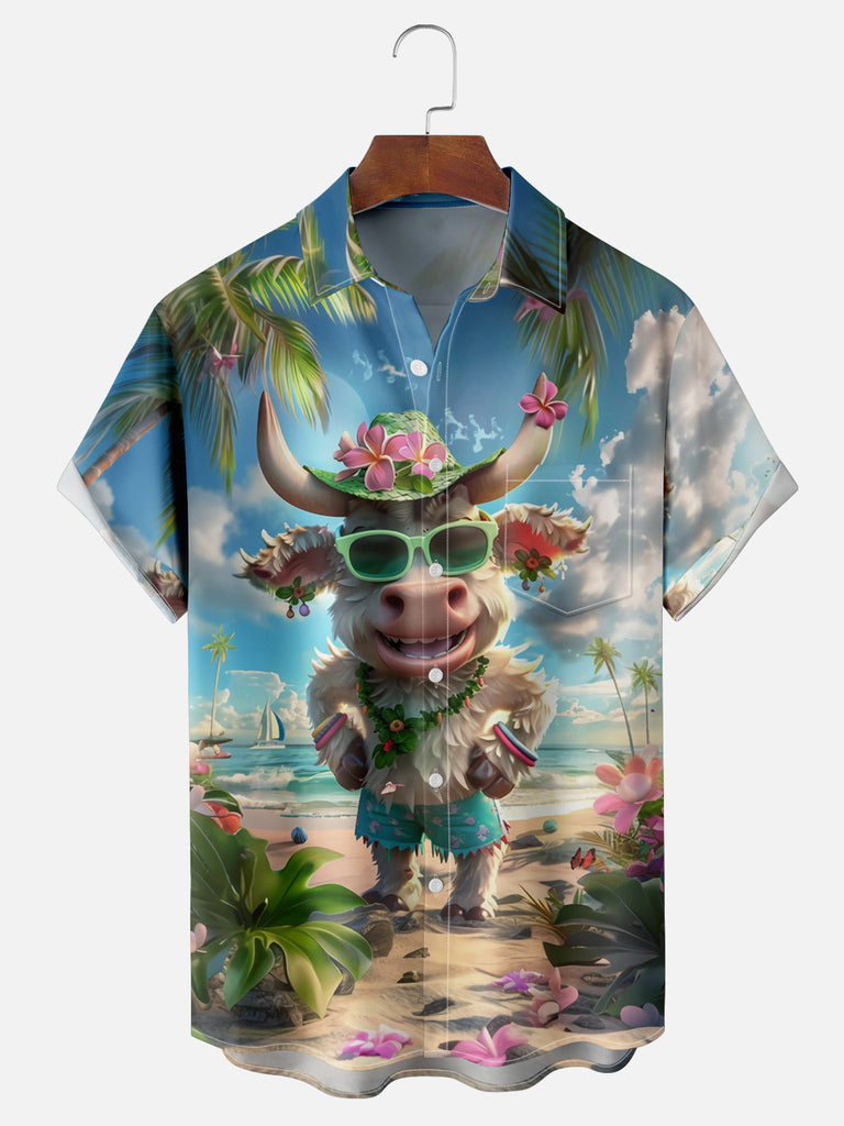 Men's Happy Floral Beach Ready Cow Short Sleeve ShirtMens short sleeve shirts Big and tall Mens shirts Short sleeve shirts for men Mens 4xl shirts Casual short sleeve shirts