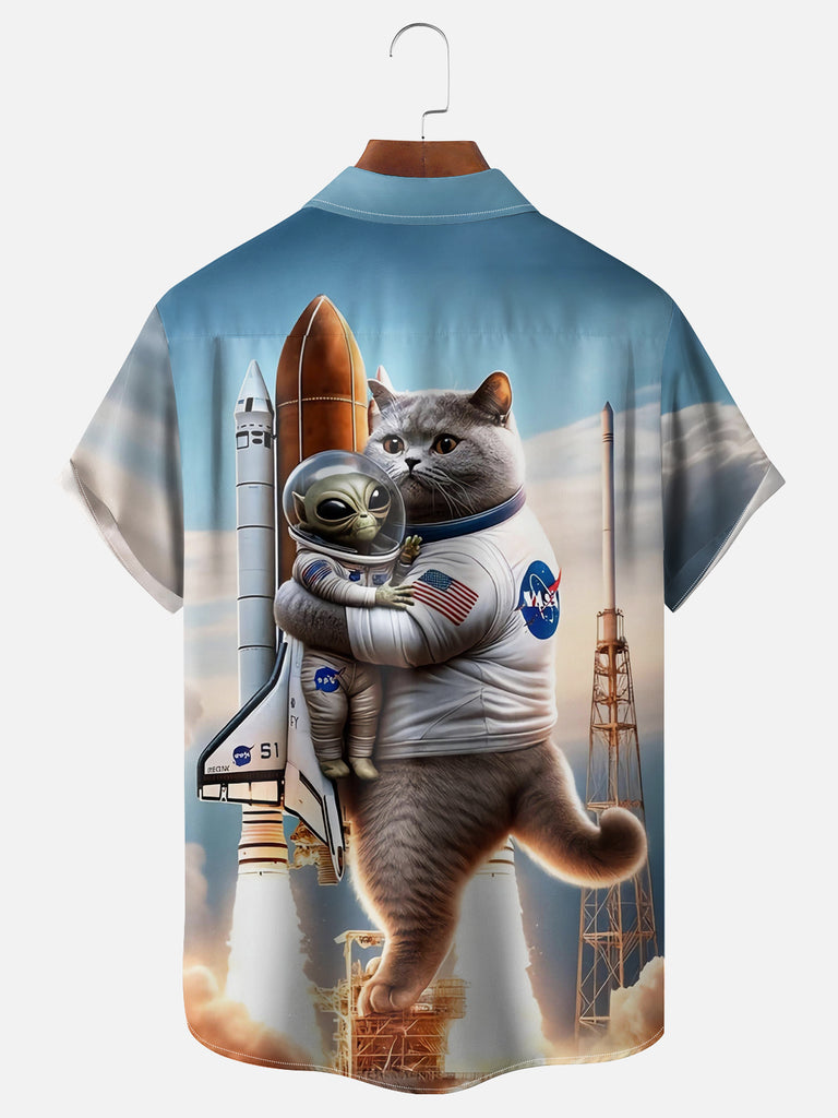 Men's Space Cat and Alien Take Off Space Rocket Short Sleeve ShirtMens short sleeve shirts Big and tall Mens shirts Short sleeve shirts for men Mens 4xl shirts Casual short sleeve shirts