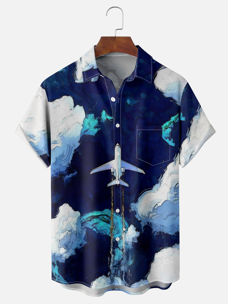 Men's Painted Sky with Airplane and Clouds Short Sleeve ShirtMens short sleeve shirts Big and tall Mens shirts Short sleeve shirts for men Mens 4xl shirts Casual short sleeve shirts