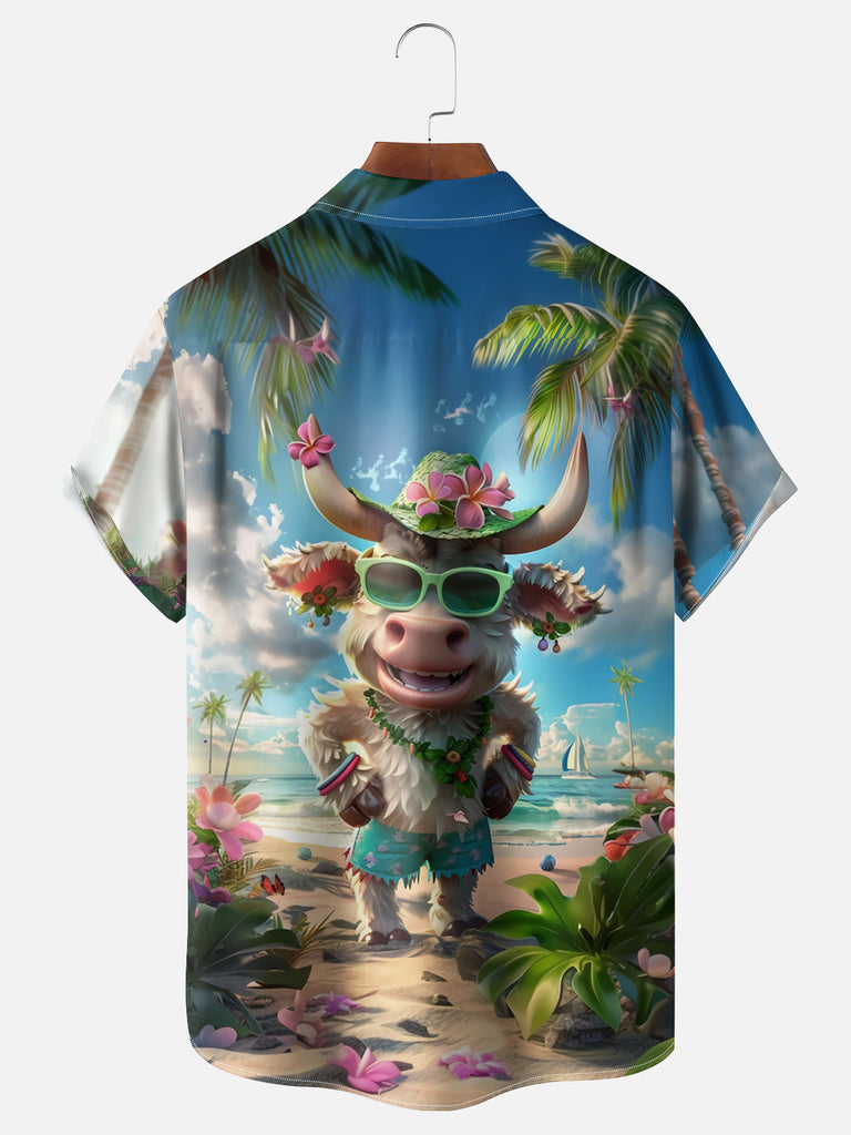 Men's Happy Floral Beach Ready Cow Short Sleeve ShirtMens short sleeve shirts Big and tall Mens shirts Short sleeve shirts for men Mens 4xl shirts Casual short sleeve shirts