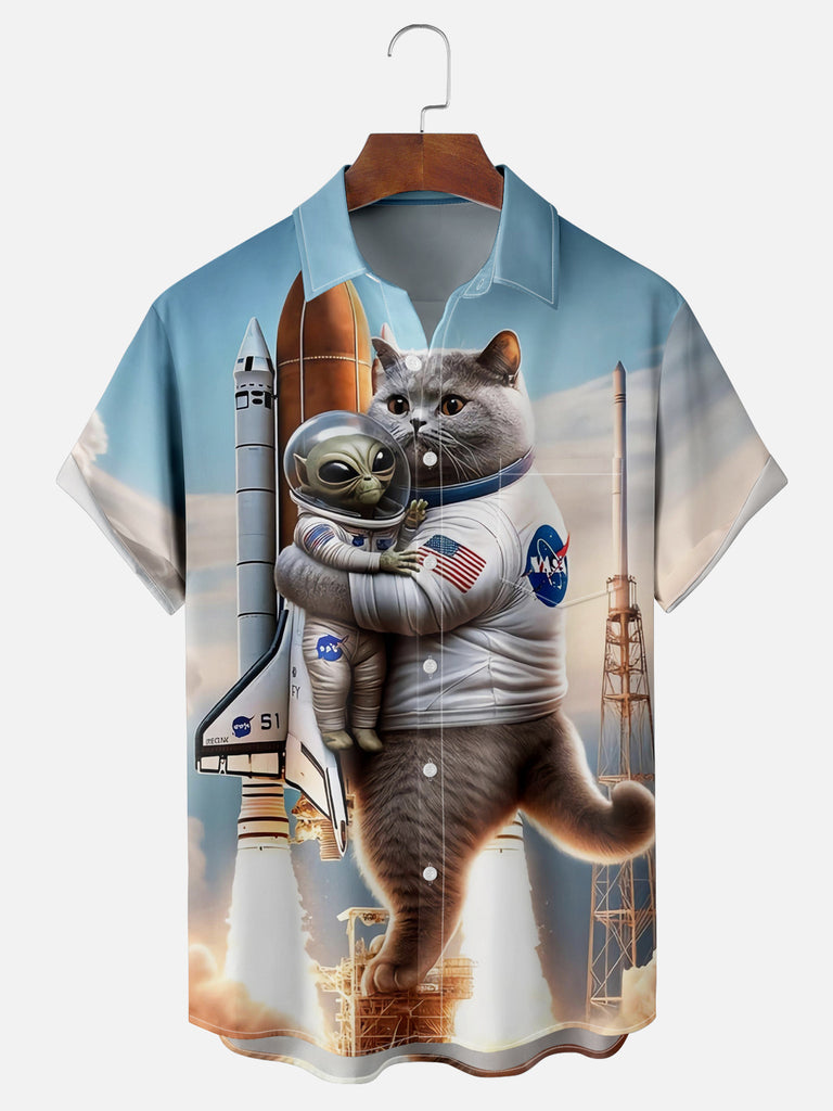 Men's Space Cat and Alien Take Off Space Rocket Short Sleeve ShirtMens short sleeve shirts Big and tall Mens shirts Short sleeve shirts for men Mens 4xl shirts Casual short sleeve shirts