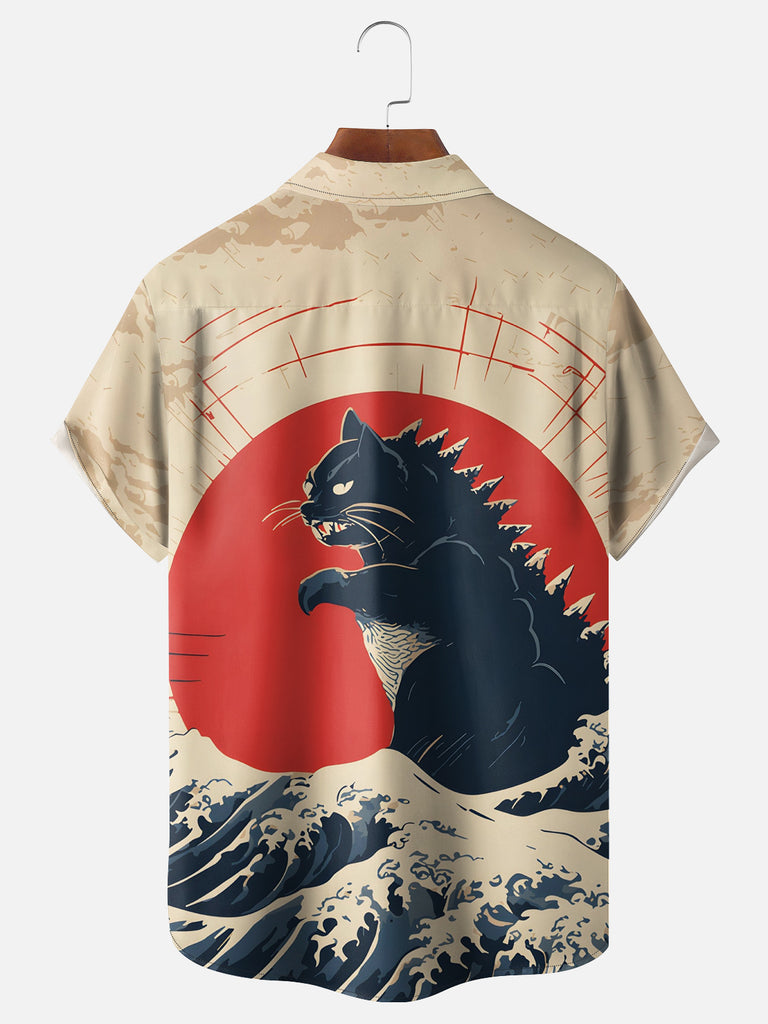 Men's Japan-Inspired Catzilla Meowzilla Cat Dinosaur Short Sleeve ShirtMens short sleeve shirts Big and tall Mens shirts Short sleeve shirts for men Mens 4xl shirts Casual short sleeve shirts