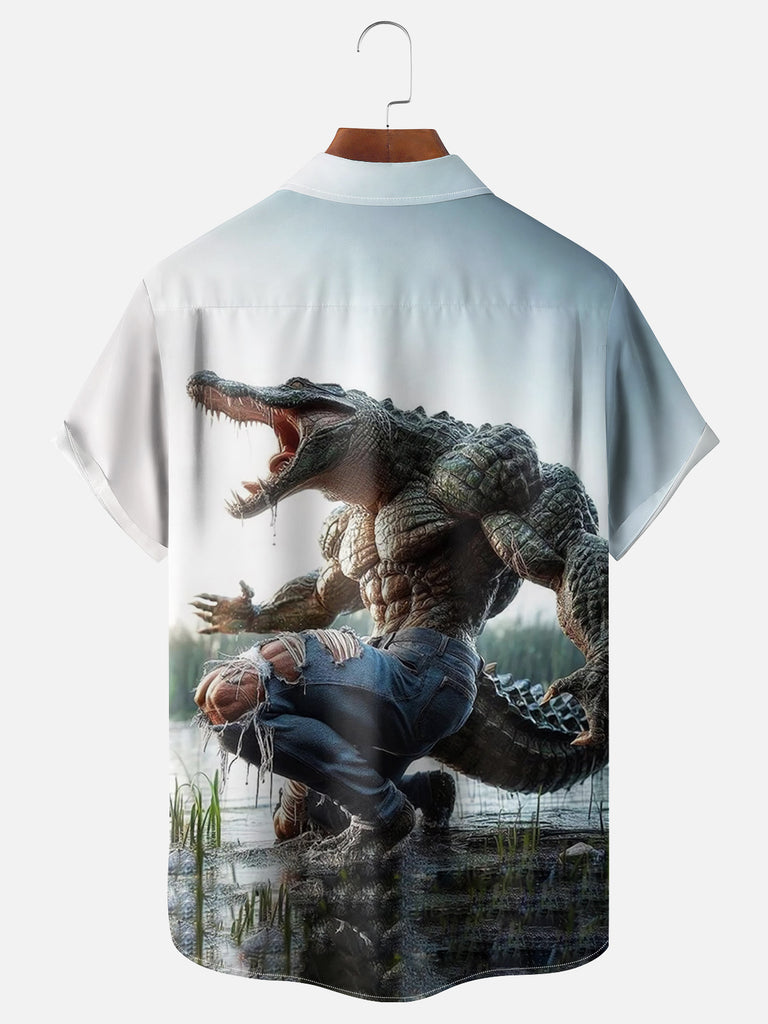 Men's Ripped Crocodile Roading in Swamp Short Sleeve ShirtMens short sleeve shirts Big and tall Mens shirts Short sleeve shirts for men Mens 4xl shirts Casual short sleeve shirts