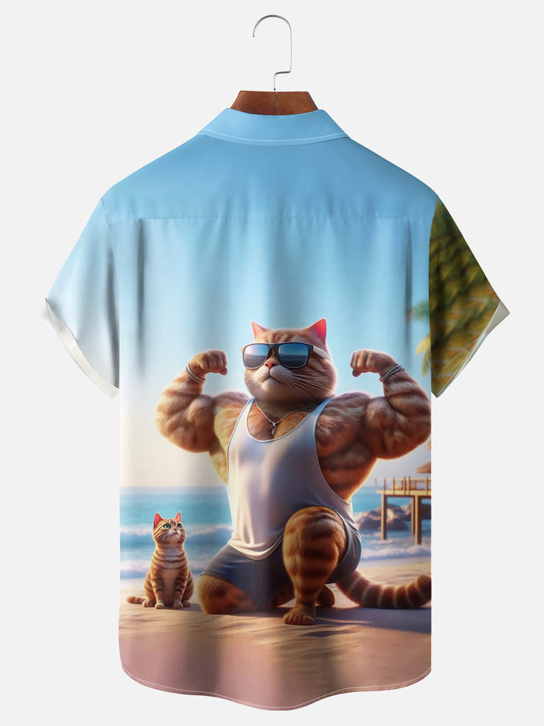 Buff Chad Ginger Cat Showing Off on the Beach Short Sleeve Shirt, mens short sleeve shirts¡ê?big and tall mens shirts¡ê?short sleeve shirts for men¡ê?mens 4xl shirts¡ê?casual short sleeve shirts