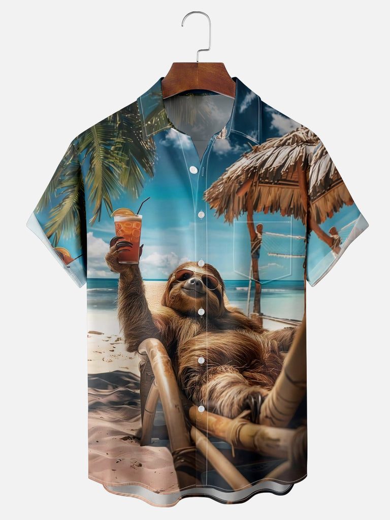 Men's Happy Sloth Enjoying a Cocktail on the Beach Short Sleeve ShirtMens short sleeve shirts Big and tall Mens shirts Short sleeve shirts for men Mens 4xl shirts Casual short sleeve shirts