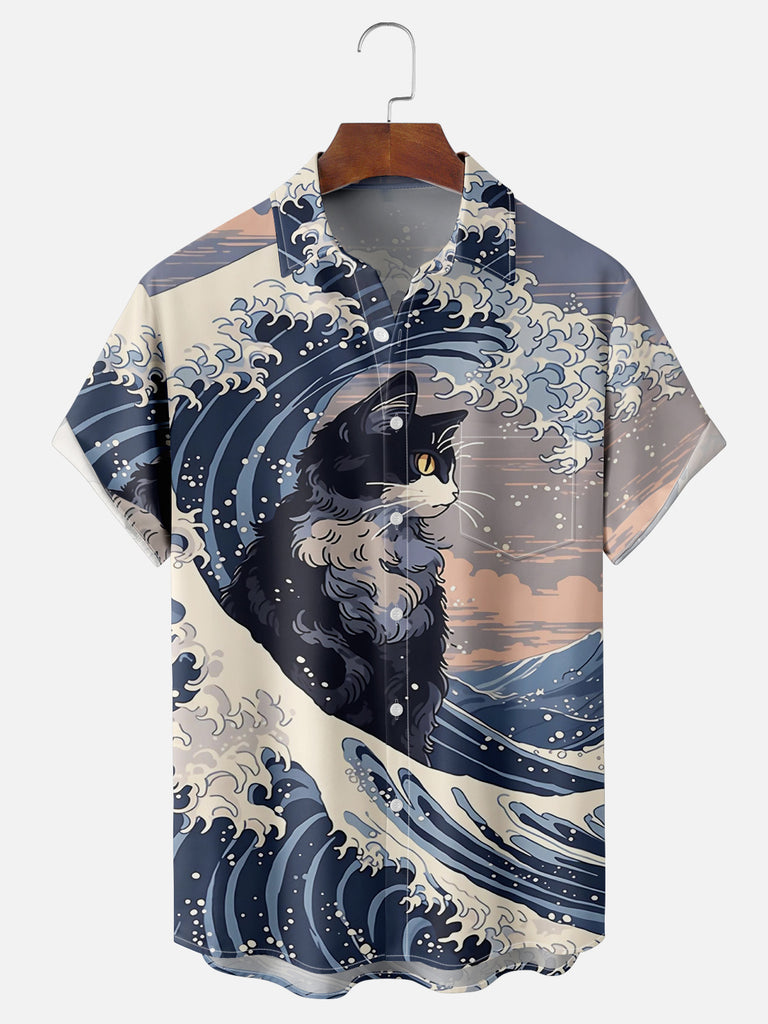 Men's Japan-Inspired Ocean Waves and Cat Short Sleeve ShirtMens short sleeve shirts Big and tall Mens shirts Short sleeve shirts for men Mens 4xl shirts Casual short sleeve shirts