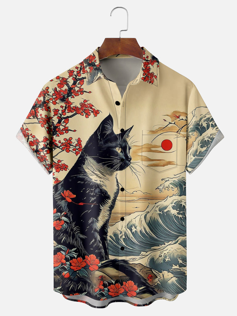 Men's Japan-Inspired Cat Watching the Ocean Tide Short Sleeve ShirtMens short sleeve shirts Big and tall Mens shirts Short sleeve shirts for men Mens 4xl shirts Casual short sleeve shirts