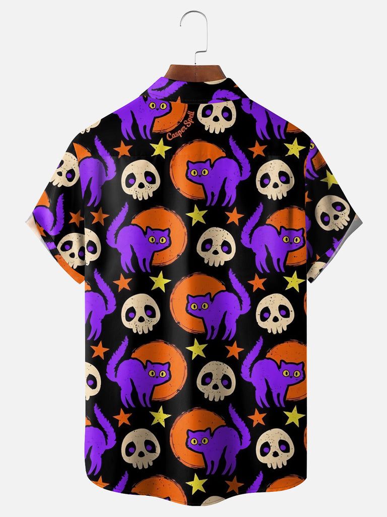 Men's Halloween Skulls Cats and Pumpkins Short Sleeve ShirtMens short sleeve shirts Big and tall Mens shirts Short sleeve shirts for men Mens 4xl shirts Casual short sleeve shirts