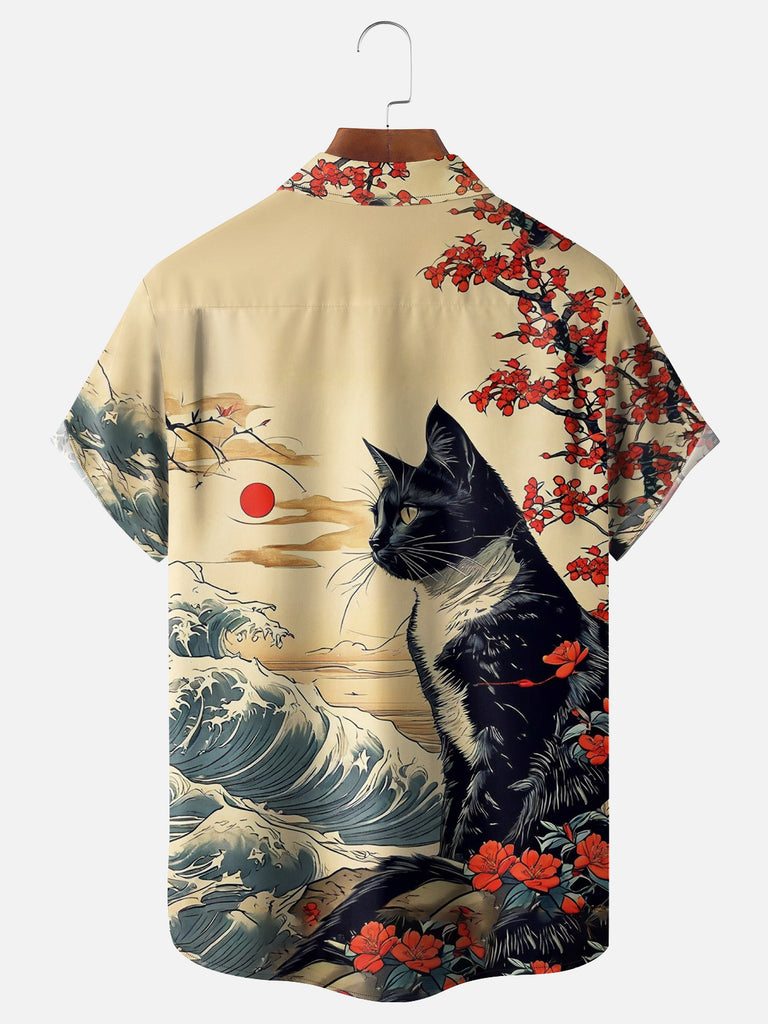 Men's Japan-Inspired Cat Watching the Ocean Tide Short Sleeve ShirtMens short sleeve shirts Big and tall Mens shirts Short sleeve shirts for men Mens 4xl shirts Casual short sleeve shirts