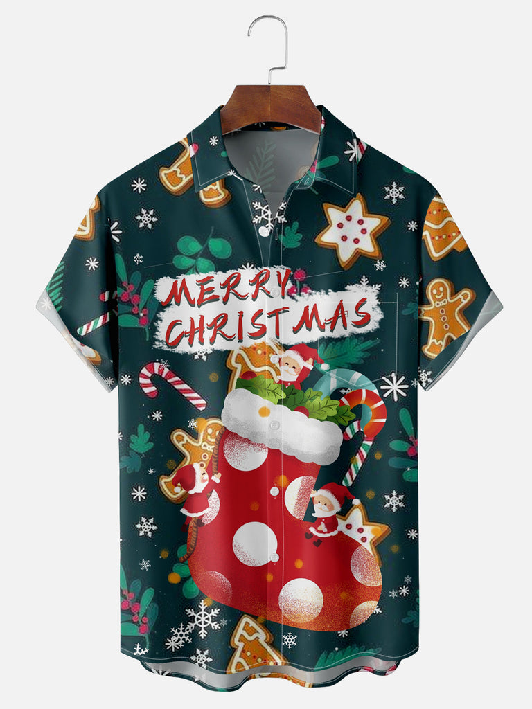 Merry Christmas Stocking with Candy Cane Elves and Gingerbread Men Short Sleeve Shirt, mens short sleeve shirts?¡§o?big and tall mens shirts?¡§o?short sleeve shirts for men?¡§o?mens 4xl shirts?¡§o?casual short sleeve shirts