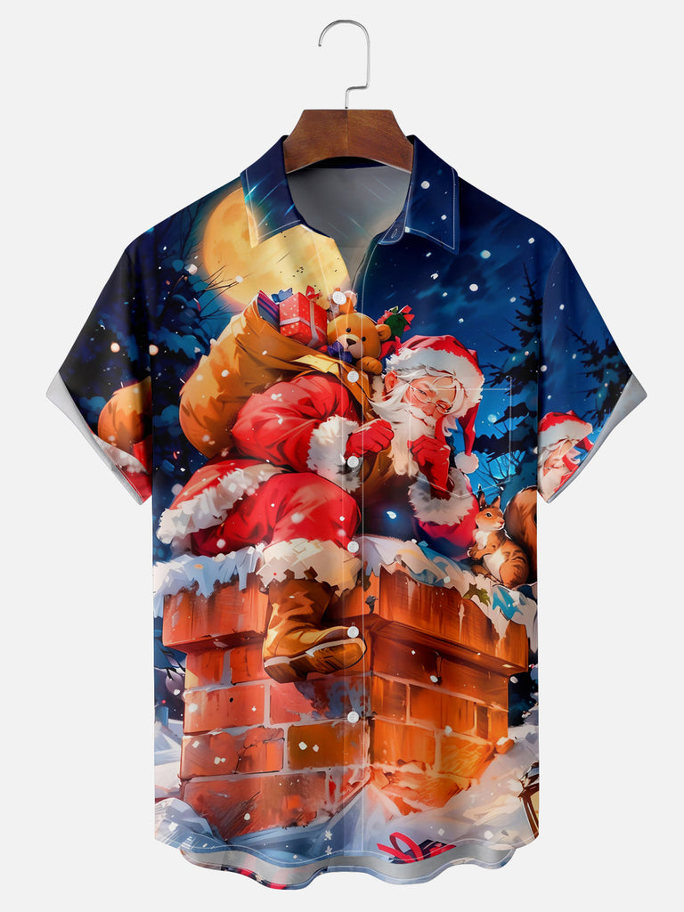 Men's Santa Going Down the Chimney Short Sleeve ShirtMens short sleeve shirts Big and tall Mens shirts Short sleeve shirts for men Mens 4xl shirts Casual short sleeve shirts