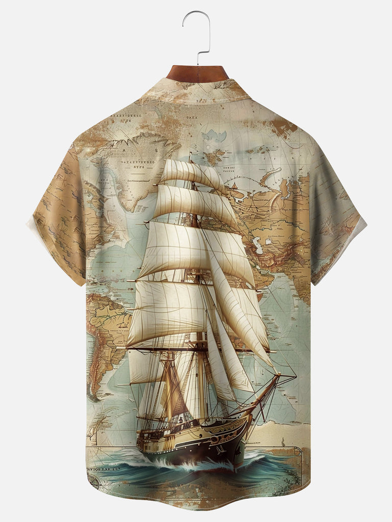 Men's Old Sail Ship on Map Short Sleeve ShirtMens short sleeve shirts Big and tall Mens shirts Short sleeve shirts for men Mens 4xl shirts Casual short sleeve shirts