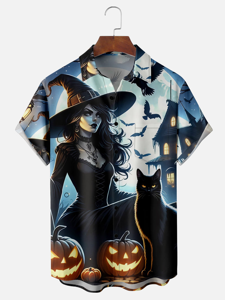 Men's Halloween Beautiful Witch Black Cat and Pumpkins Short Sleeve ShirtMens short sleeve shirts Big and tall Mens shirts Short sleeve shirts for men Mens 4xl shirts Casual short sleeve shirts