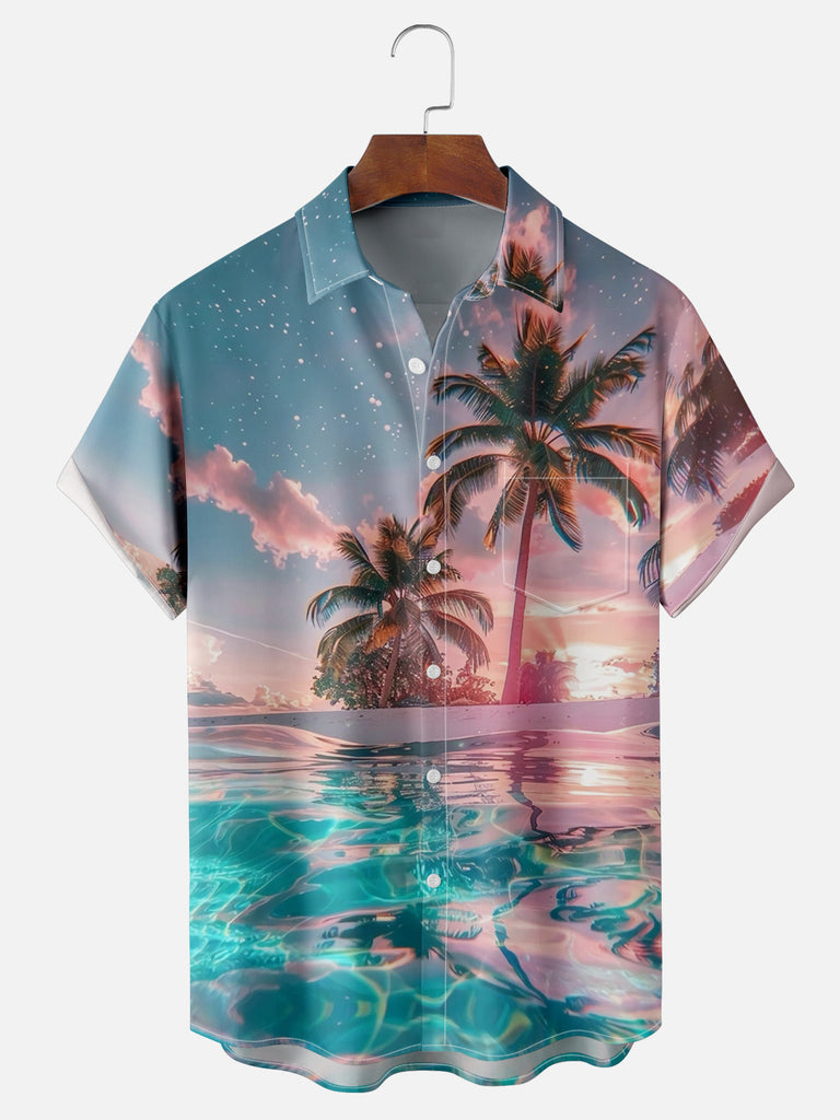 Serene Beach View Clear Ocean Waters Palm Trees Short Sleeve Shirt, mens short sleeve shirts£¬big and tall mens shirts£¬short sleeve shirts for men£¬mens 4xl shirts£¬casual short sleeve shirts