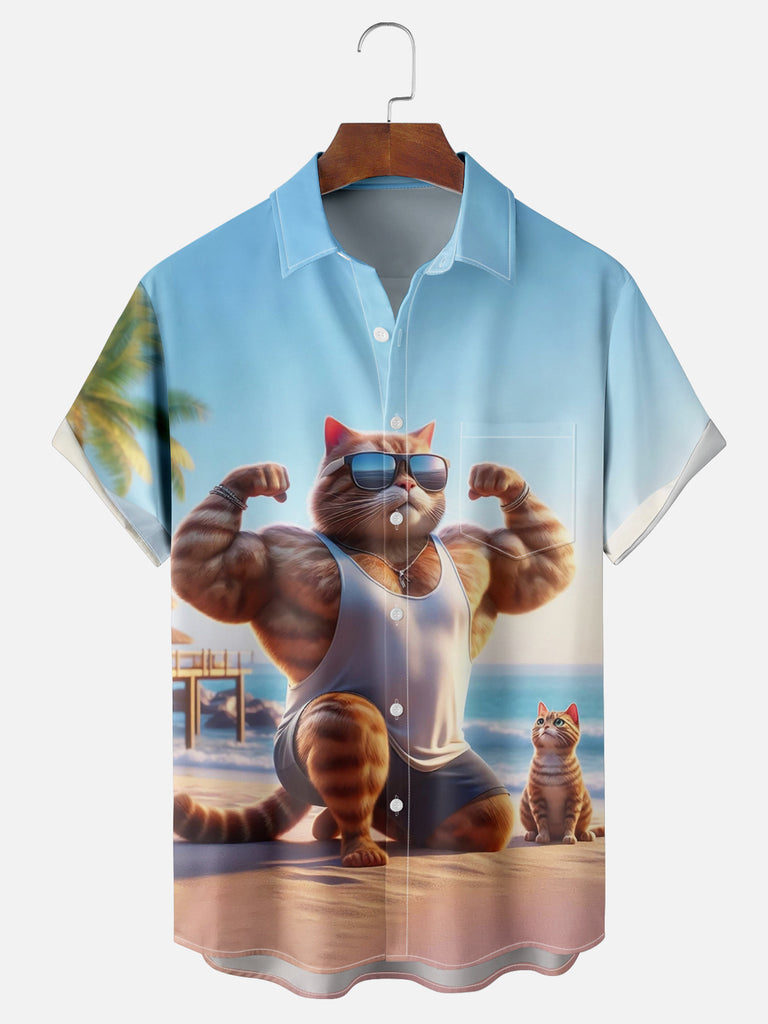 Buff Chad Ginger Cat Showing Off on the Beach Short Sleeve Shirt, mens short sleeve shirts£¬big and tall mens shirts£¬short sleeve shirts for men£¬mens 4xl shirts£¬casual short sleeve shirts