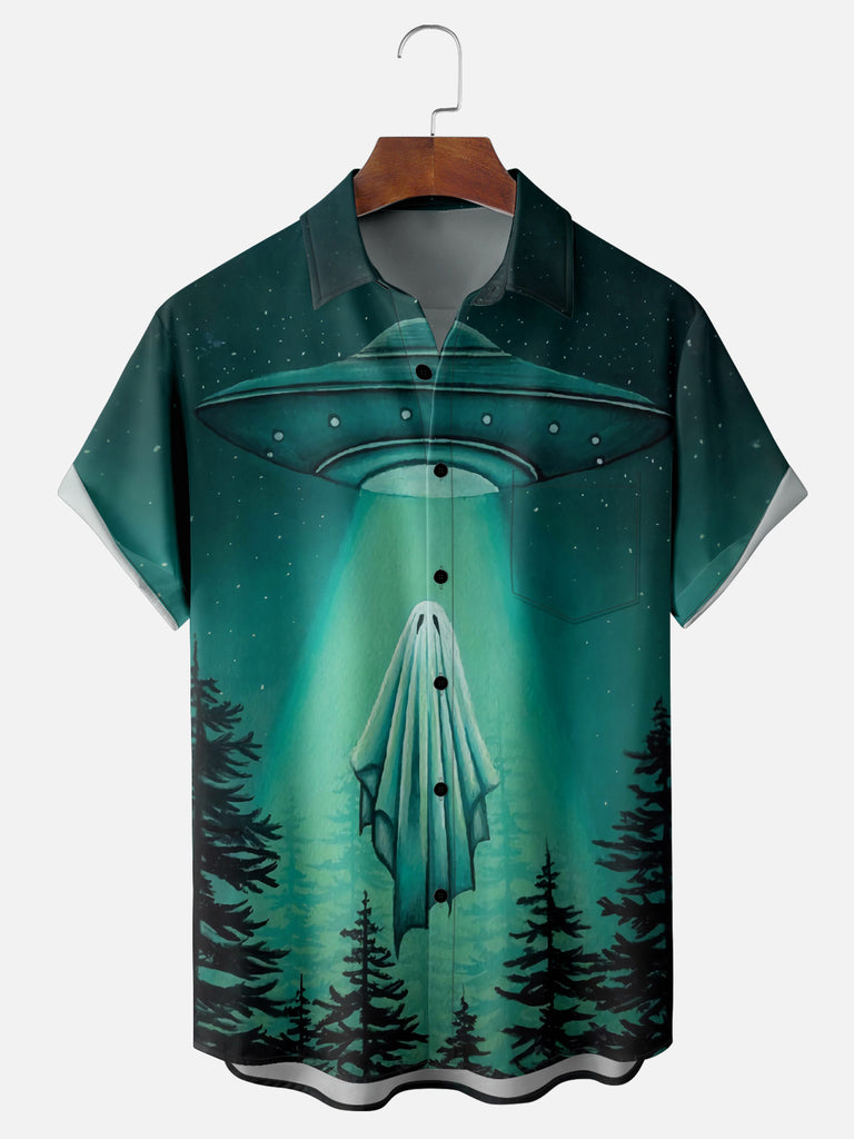 Men's UFO Abducting a White Sheer Ghost Halloween Short Sleeve ShirtMens short sleeve shirts Big and tall Mens shirts Short sleeve shirts for men Mens 4xl shirts Casual short sleeve shirts