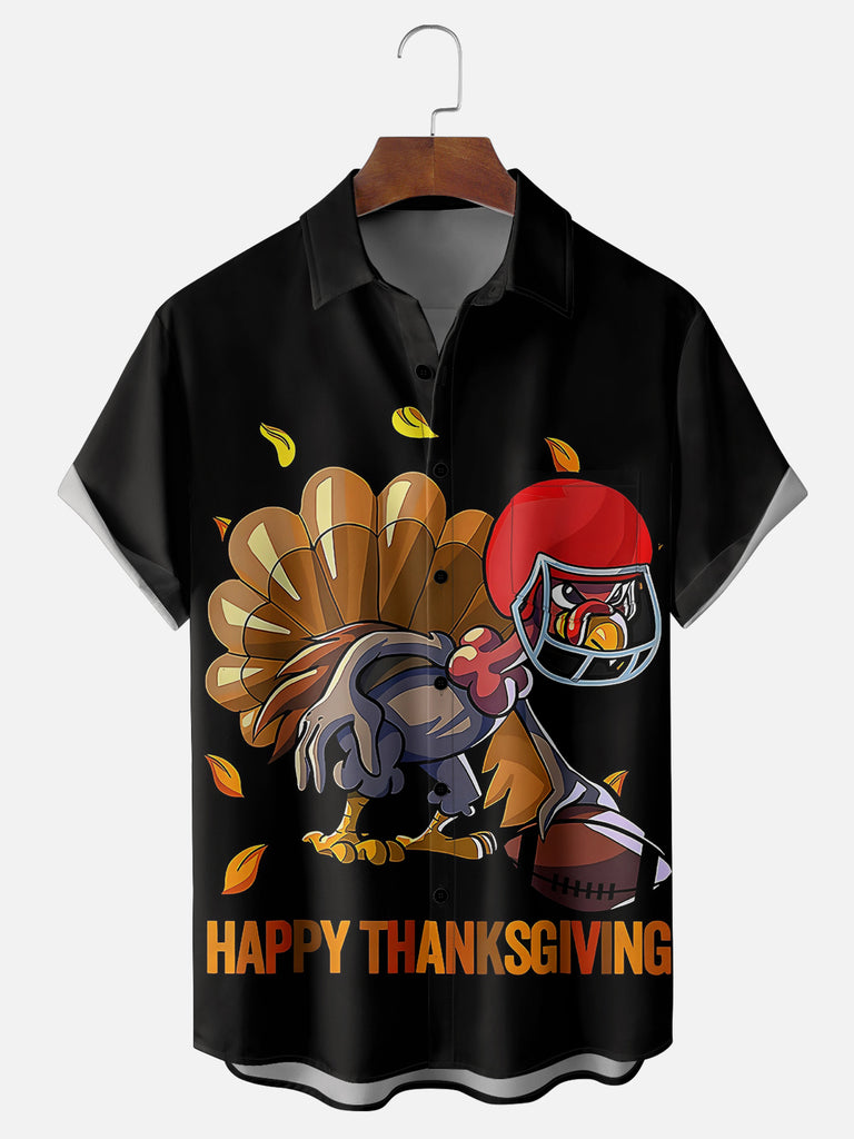 Men's American Football Playing Turkey Happy Thanksgiving Short Sleeve Shirt, mens short sleeve shirts£¬big and tall mens shirts£¬short sleeve shirts for men£¬mens 4xl shirts£¬casual short sleeve shirts