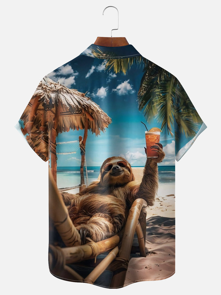 Men's Happy Sloth Enjoying a Cocktail on the Beach Short Sleeve ShirtMens short sleeve shirts Big and tall Mens shirts Short sleeve shirts for men Mens 4xl shirts Casual short sleeve shirts