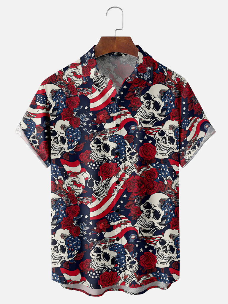 Men's American Flag Roses and Skulls Short Sleeve ShirtMens short sleeve shirts Big and tall Mens shirts Short sleeve shirts for men Mens 4xl shirts Casual short sleeve shirts