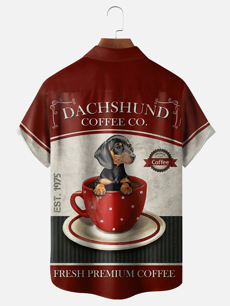 Men's Dachshund Coffee Co Retro Short Sleeve ShirtMens short sleeve shirts Big and tall Mens shirts Short sleeve shirts for men Mens 4xl shirts Casual short sleeve shirts