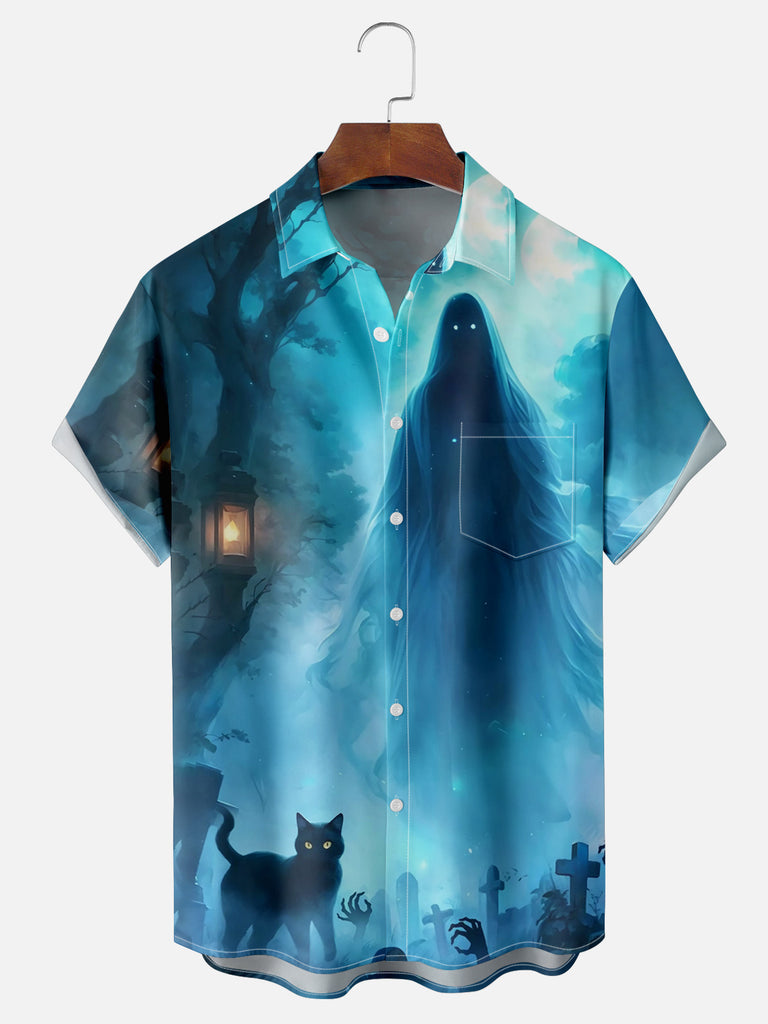 Men's Death with Cat in Cemetery Short Sleeve ShirtMens short sleeve shirts Big and tall Mens shirts Short sleeve shirts for men Mens 4xl shirts Casual short sleeve shirts