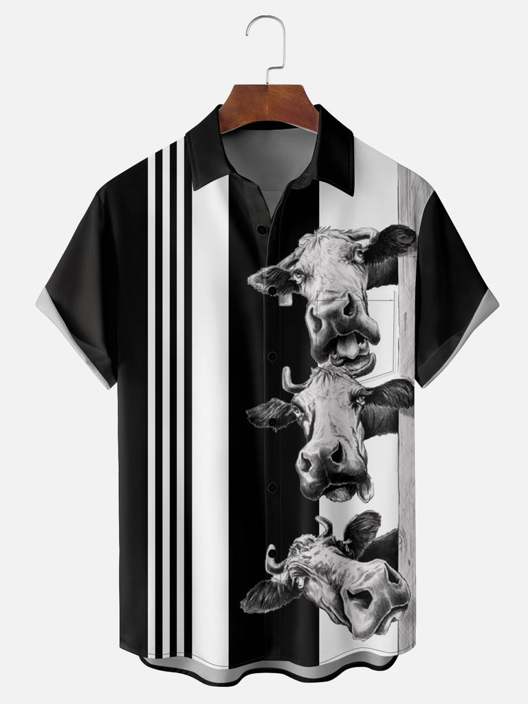 Black and White Hand-drawn Cool Cows Striped Bowling Short Sleeve Shirt, mens short sleeve shirts£¬big and tall mens shirts£¬short sleeve shirts for men£¬mens 4xl shirts£¬casual short sleeve shirts