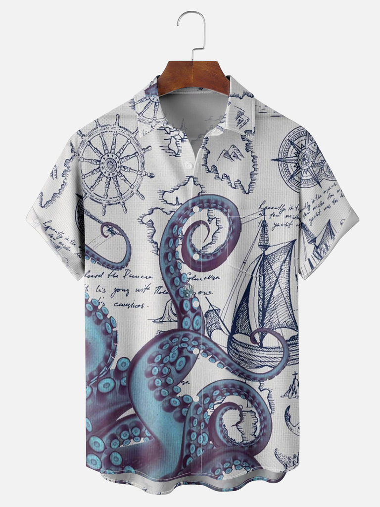 Octopus Tentacles Ships Compass Maps Short Sleeve Shirt, mens short sleeve shirts£¬big and tall mens shirts£¬short sleeve shirts for men£¬mens 4xl shirts£¬casual short sleeve shirts