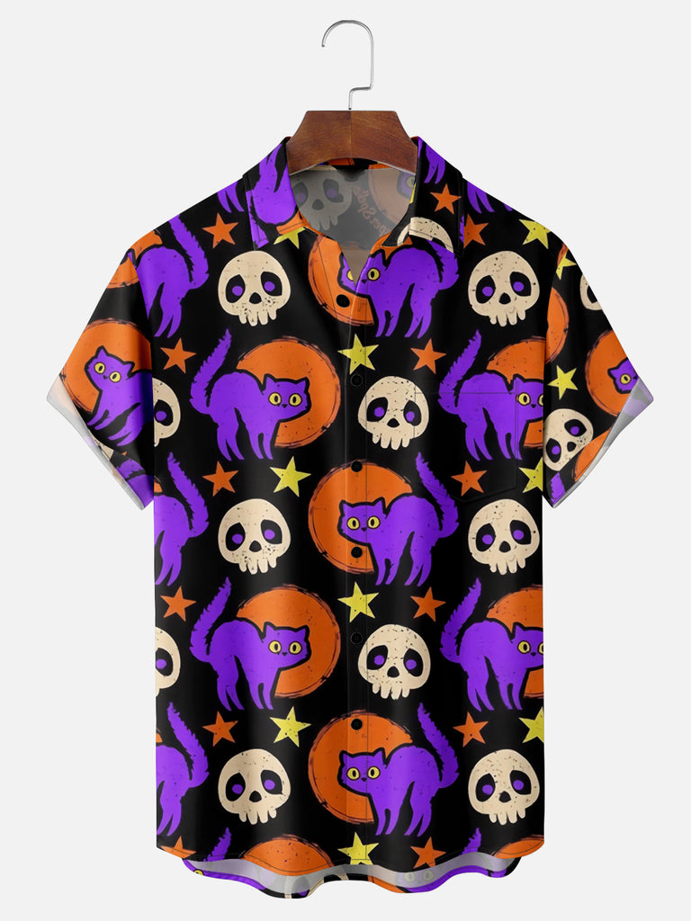 Men's Halloween Skulls Cats and Pumpkins Short Sleeve ShirtMens short sleeve shirts Big and tall Mens shirts Short sleeve shirts for men Mens 4xl shirts Casual short sleeve shirts