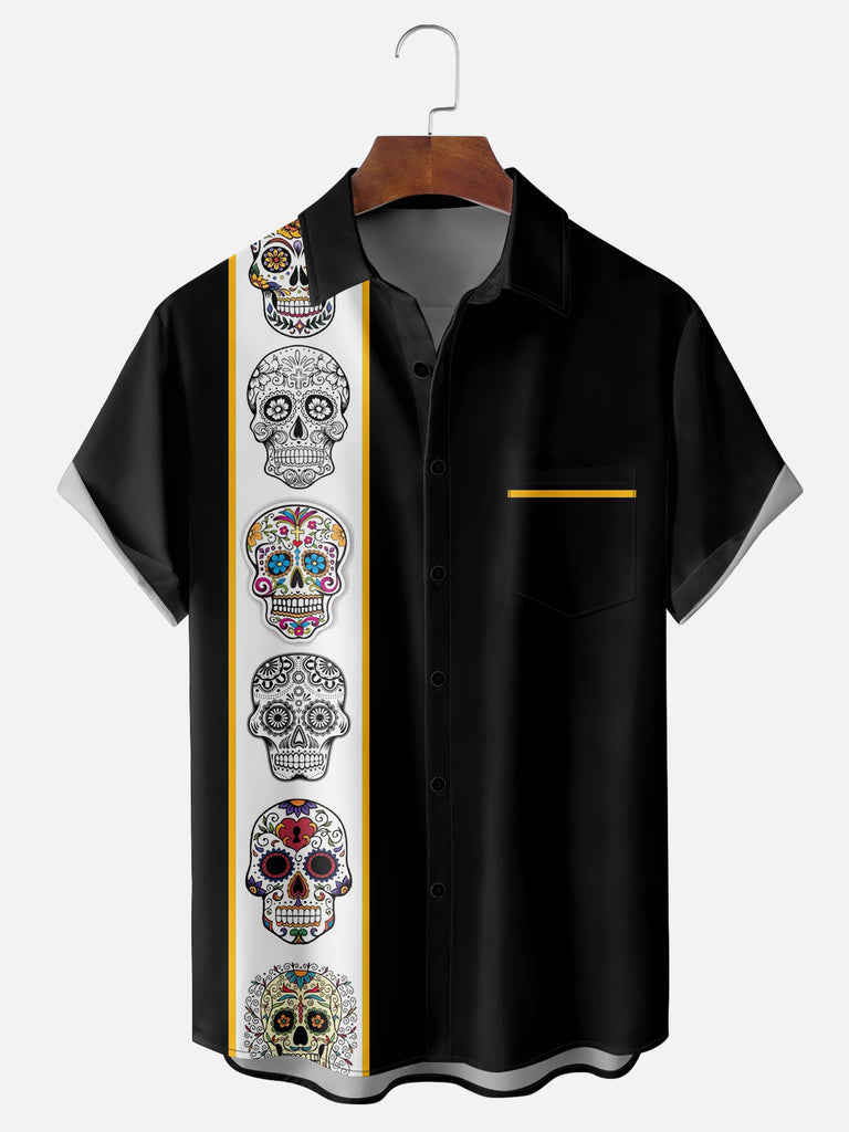 Men's Sugar Skulls Striped Bowling Short Sleeve Shirt, mens short sleeve shirts£¬big and tall mens shirts£¬short sleeve shirts for men£¬mens 4xl shirts£¬casual short sleeve shirts