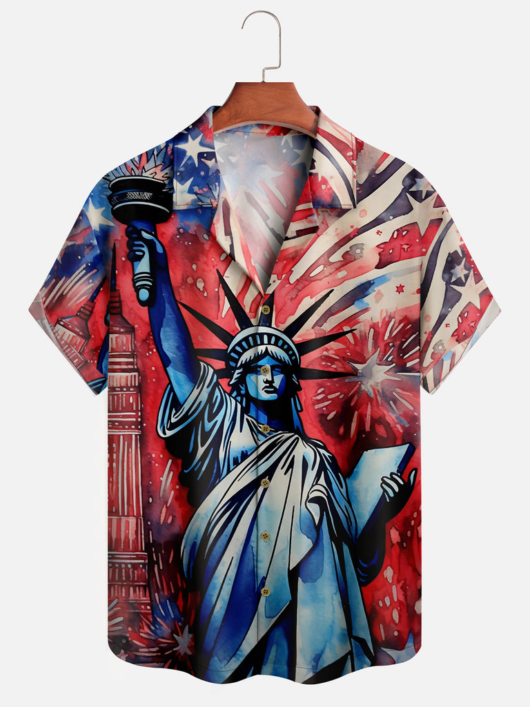 Men's Hand-drawn Statue of Liberty with American Flag Short Sleeve ShirtMens short sleeve shirts Big and tall Mens shirts Short sleeve shirts for men Mens 4xl shirts Casual short sleeve shirts