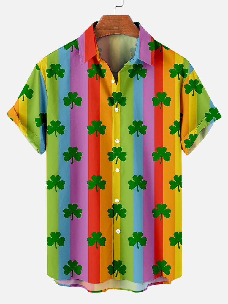 Men's St. Patrick's Graphic Clover and Rainbow Print Short Sleeve ShirtMens short sleeve shirts Big and tall Mens shirts Short sleeve shirts for men Mens 4xl shirts Casual short sleeve shirts