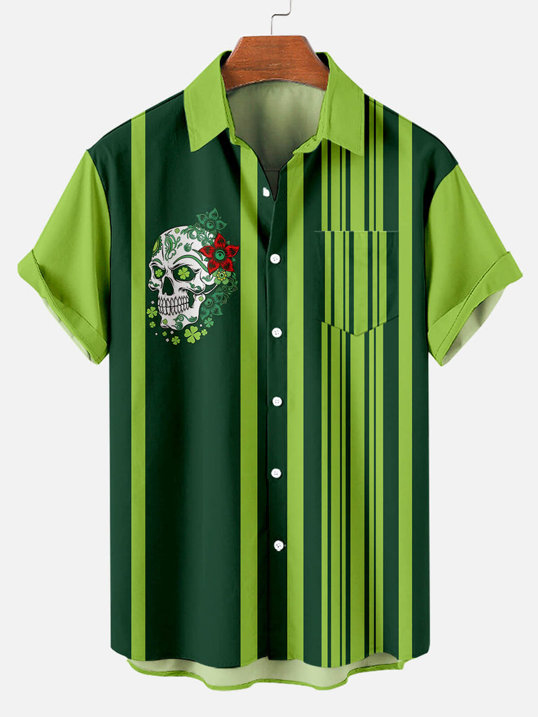 Men's St. Patrick's Day Skull Stripe Contrast Color Short Sleeve ShirtMens short sleeve shirts Big and tall Mens shirts Short sleeve shirts for men Mens 4xl shirts Casual short sleeve shirts