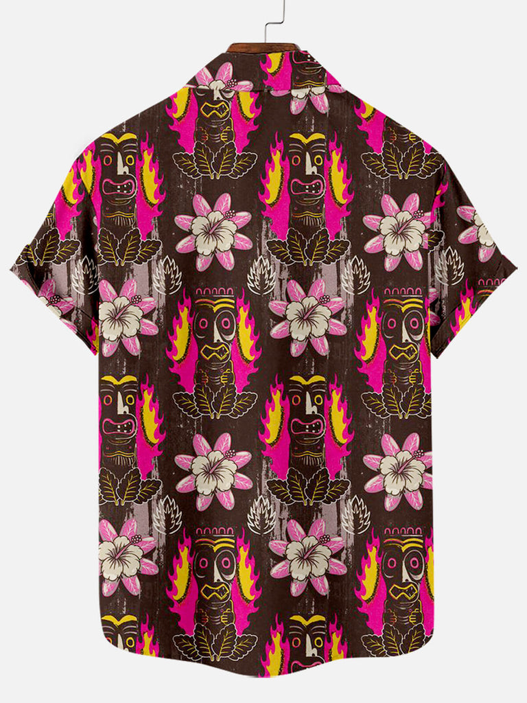 Men's Floral Tiki Pattern Short Sleeve Shirt with Chest PocketMens short sleeve shirts Big and tall Mens shirts Short sleeve shirts for men Mens 4xl shirts Casual short sleeve shirts