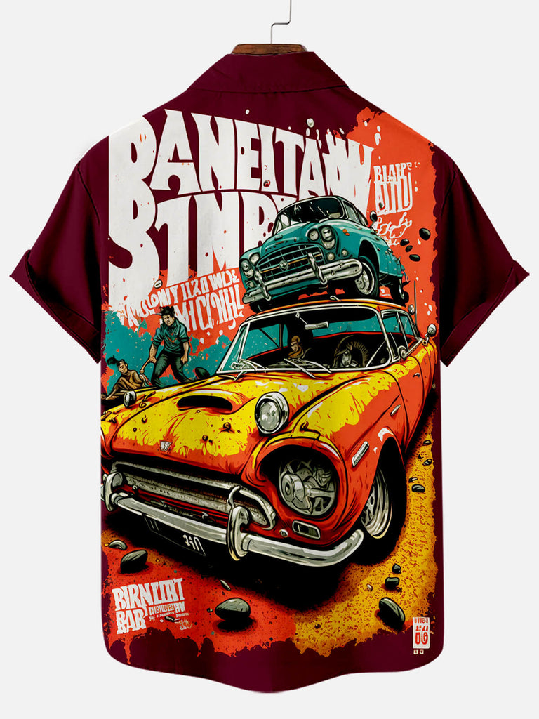 Modified classic car comic illustration printing men's short-sleeved shirtMens short sleeve shirts Big and tall Mens shirts Short sleeve shirts for men Mens 4xl shirts Casual short sleeve shirts