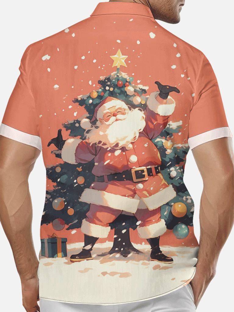 Men's Happy Santa Presenting a Christmas Tree Short Sleeve Shirt, mens short sleeve shirts?¡§o?big and tall mens shirts?¡§o?short sleeve shirts for men?¡§o?mens 4xl shirts?¡§o?casual short sleeve shirts