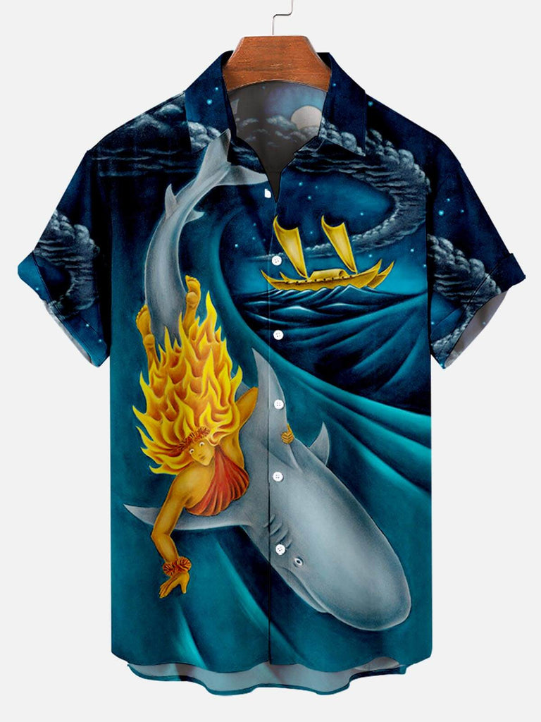 Shark Surfing Pattern Men's Hawaiian Short Sleeve ShirtMens short sleeve shirts Big and tall Mens shirts Short sleeve shirts for men Mens 4xl shirts Casual short sleeve shirts